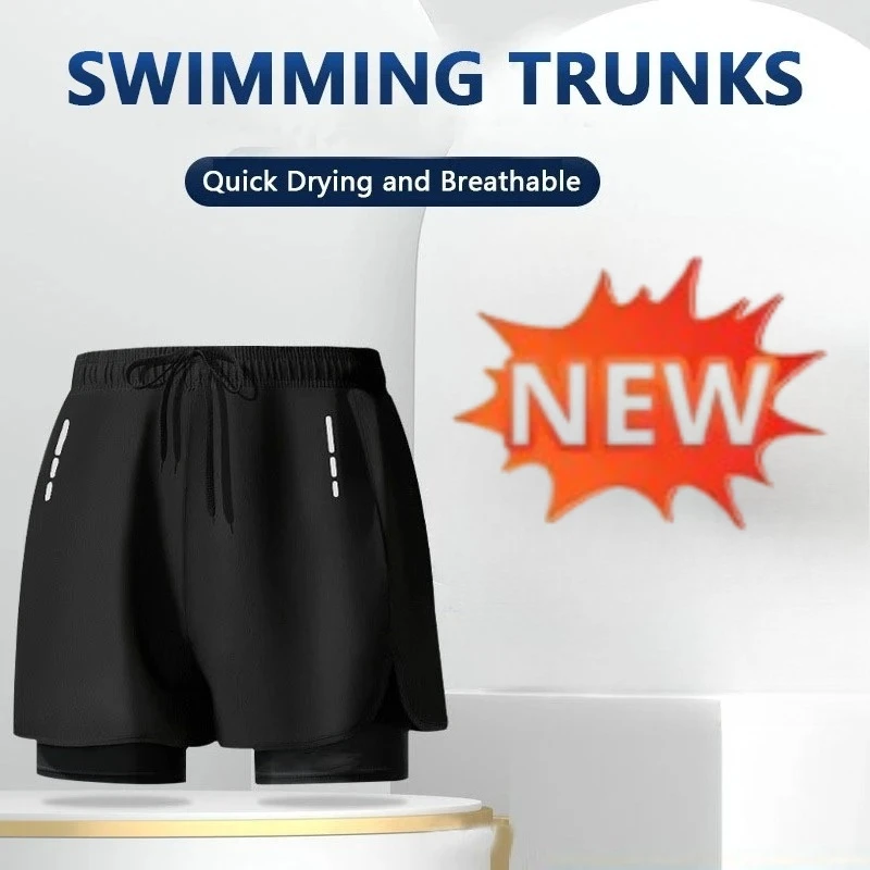 Swim Trunk Quick Dry - กางเกงว่ายน้ำชายแบบ 2-in-1 แห้งเร็ว เหมาะสำหรับใส่ไปชายหาด มีขอบเอวยางยืดและเชือกผูก พร้อมกระเป๋าซิป